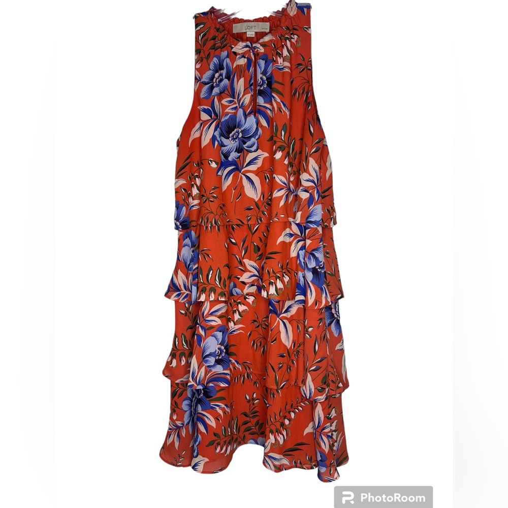 LOFT women’s petite tiered ruffle floral dress in orange and blue - Small Petite